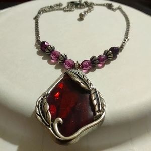 PURPLE QUARTZ PENDANT WE/ BURNISHED SILVER, BEADS  NECKLACE